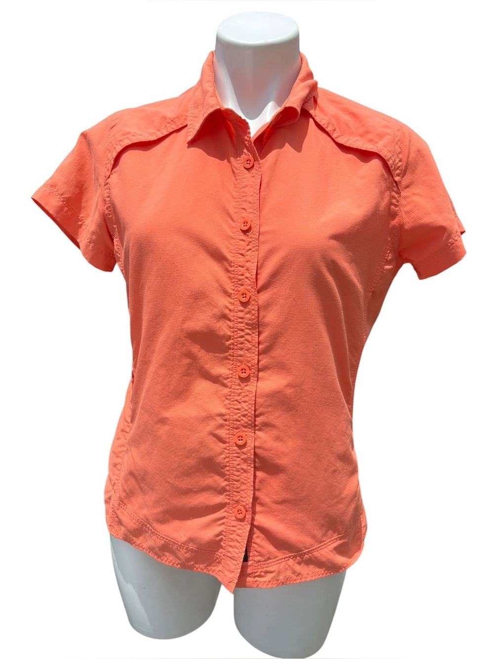 REI Womens Medium Button Up Hiking Shirt Coral Peach Short Sleeve Outdoor